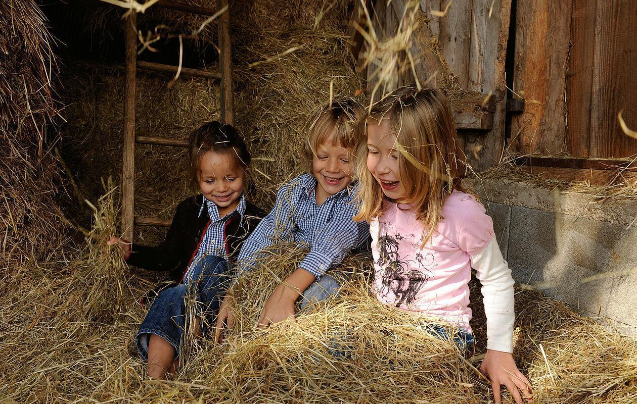 Kinder spielen im Heulager eines Bauernhofes